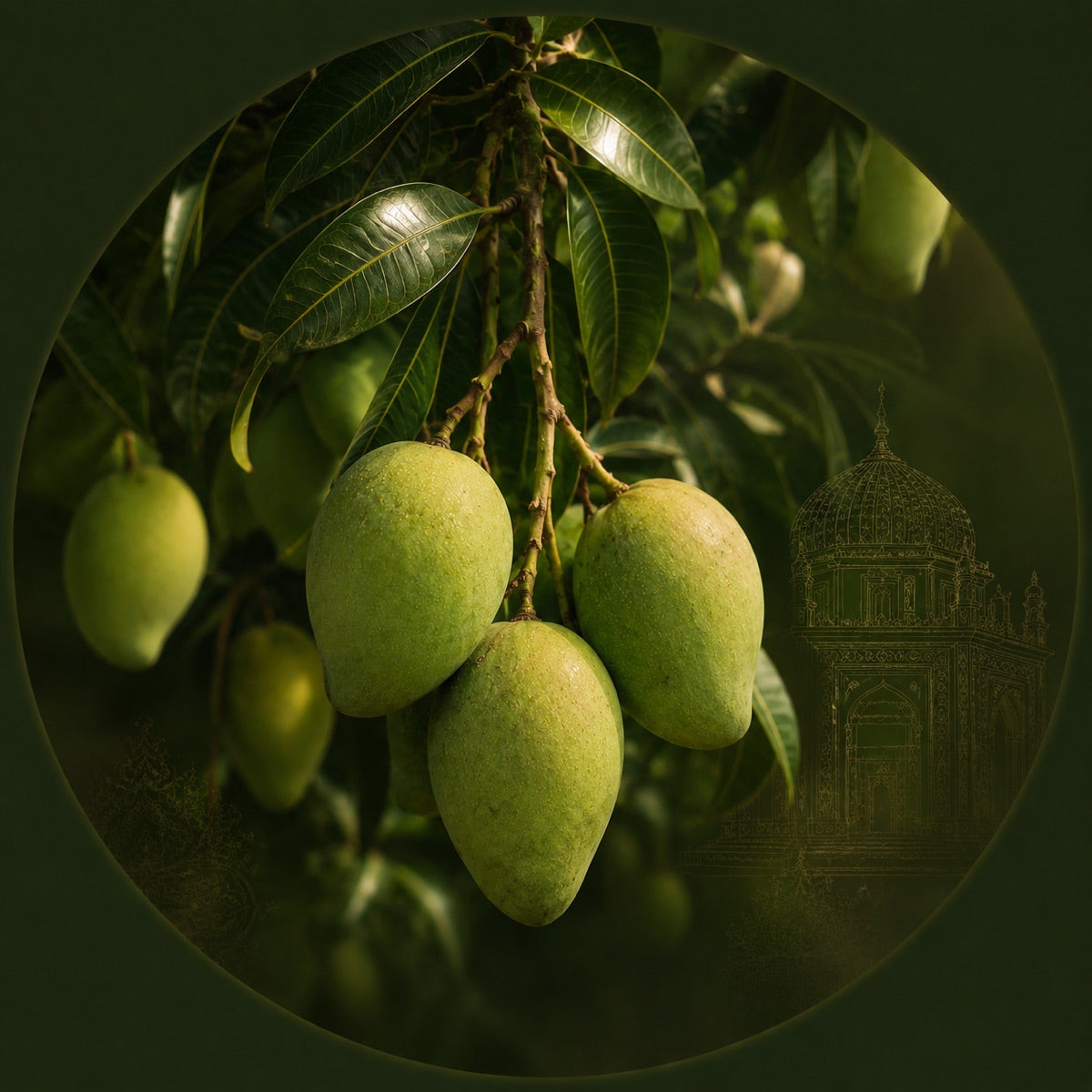 Multani Langra green mangoes on the tree at MMangoes family farm in Multan — carbide-free premium Pakistani mango box delivered nationwide