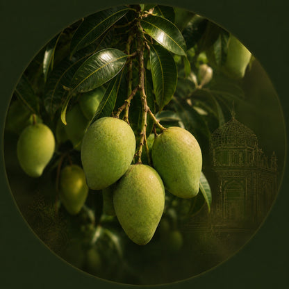Multani Langra green mangoes on the tree at MMangoes family farm in Multan — carbide-free premium Pakistani mango box delivered nationwide
